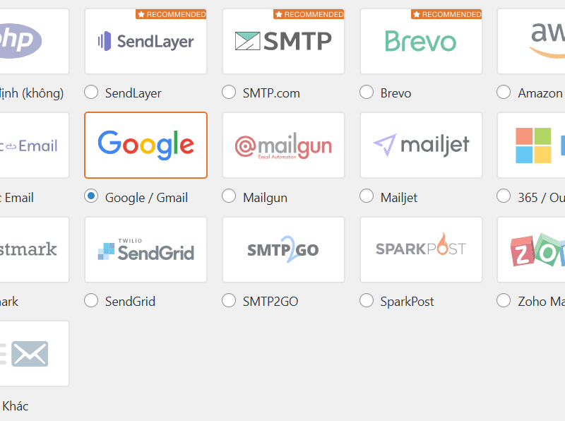 WP Mail SMTP hỗ trợ nhiều dịch vụ SMTP phổ biến hiện nay như là Google / Gmail, SendLayer, Office 365 / Outlook, SendGrid, Zoho Mail...