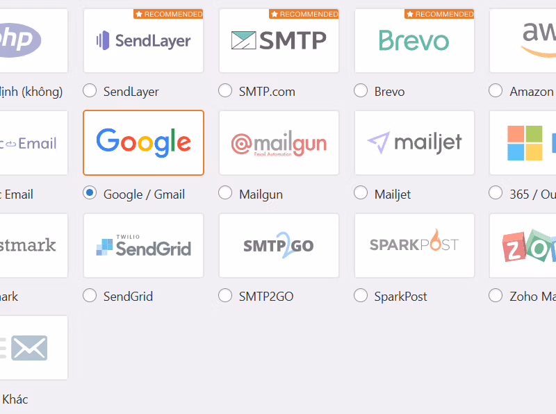 WP Mail SMTP hỗ trợ nhiều dịch vụ SMTP phổ biến hiện nay như là Google / Gmail, SendLayer, Office 365 / Outlook, SendGrid, Zoho Mail...